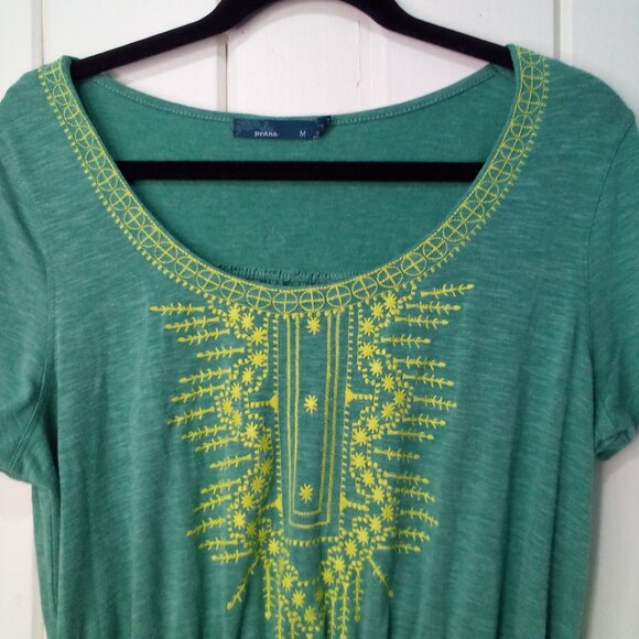 Prana Dress Women M Short Sleeve Embroidery Cinch Waist Athleisure Green Yellow - Picture 7 of 15